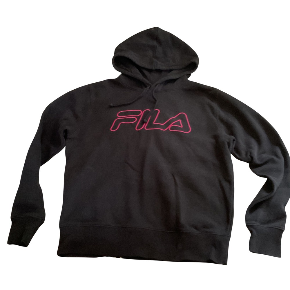 Fila‎ Womens Black Hoodie Pink Outline Logo Pullover Sweatshirt Size Small
